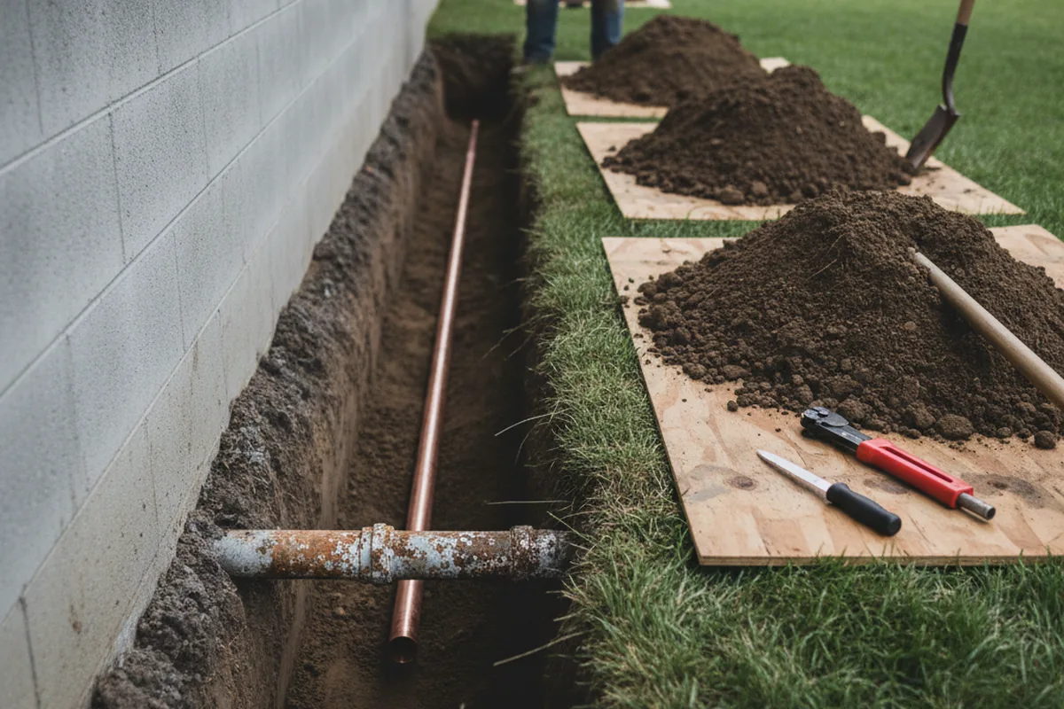 Excavated water line trench during Water Softener Installation in Hoboken